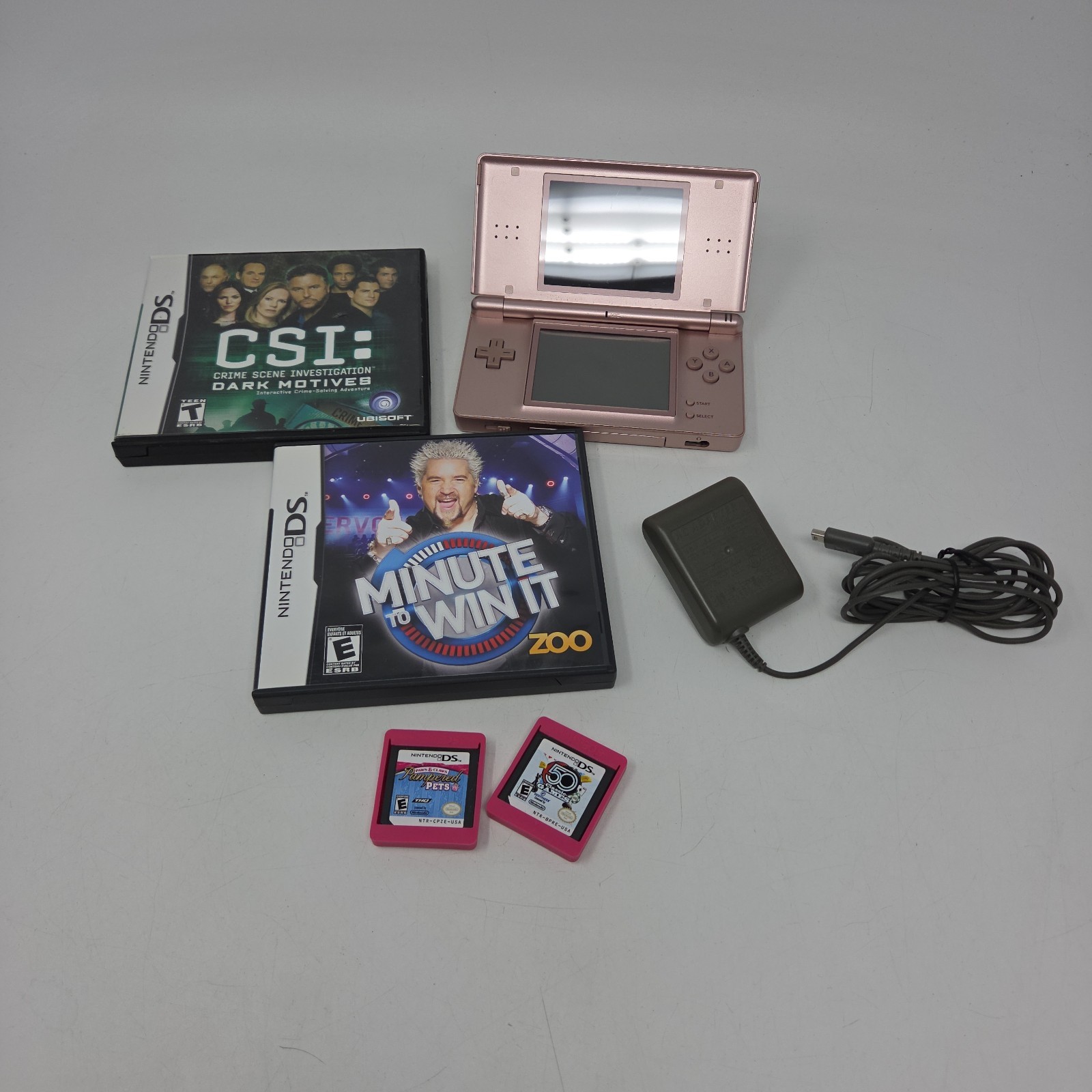 Nintendo DS Lite Lot Coral Pink, Handheld System 4 Games, Charger and Stylus