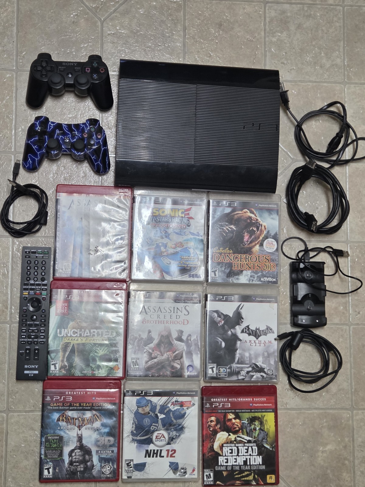 Sony PlayStation 3 PS3 Console Super Slim 250GB + 2 controllers, 9 Game -Bundle