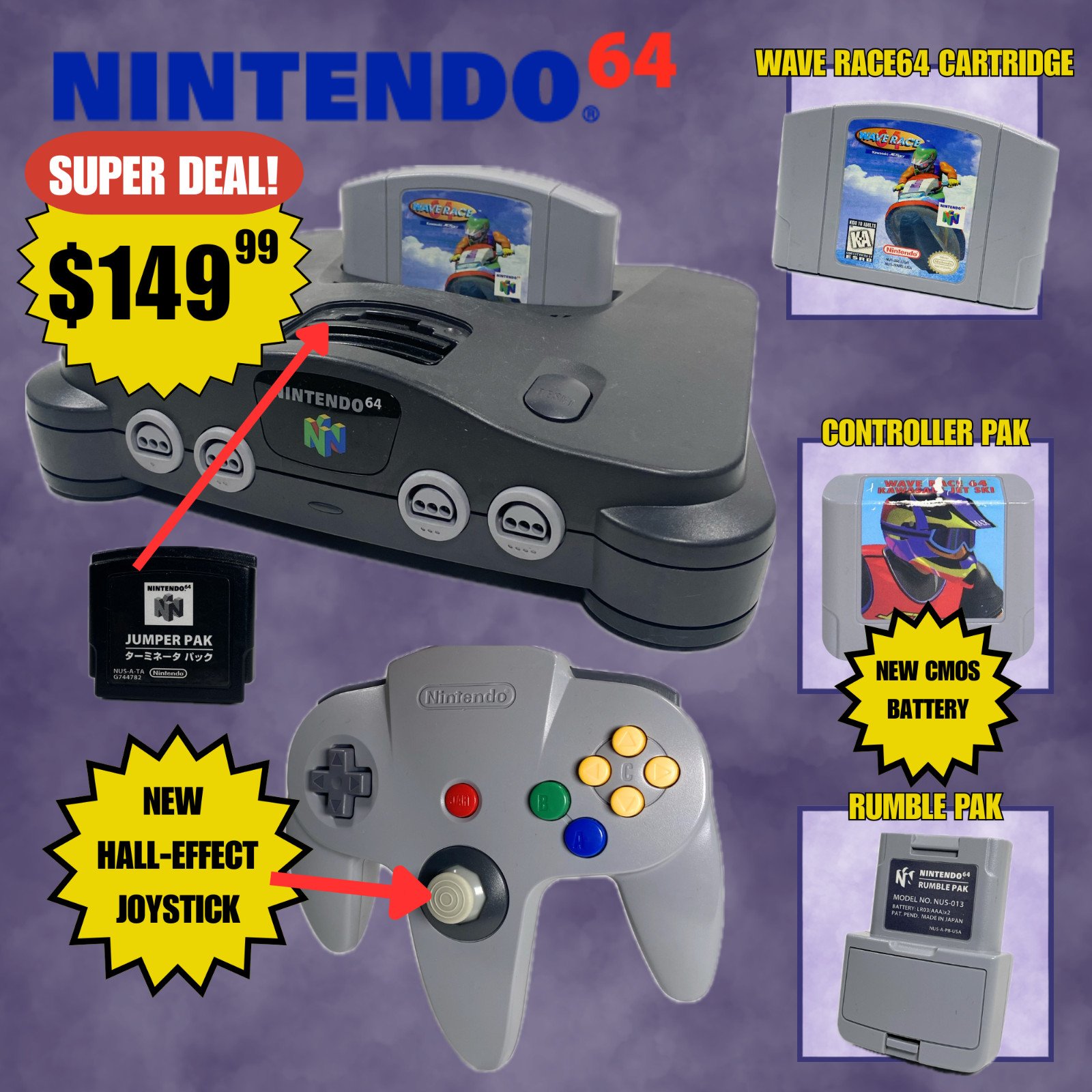 N64 Bundle – Hall-Effect – Rumble Pak – Wave Race + Controller Pak (New CMOS)